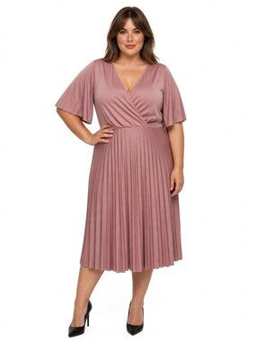 ASOS Dress Simply Be Pleated Kimono Sleeve Deep V Neck Midi Skater Rose Pink